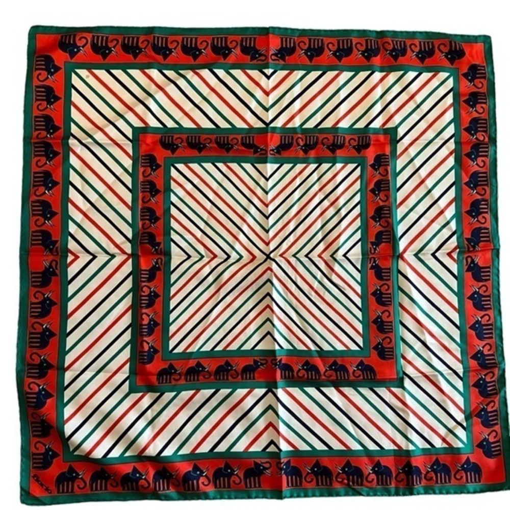 FIORIO MILANO vintage stylized elephant motif Italian silk scarf, orange & green